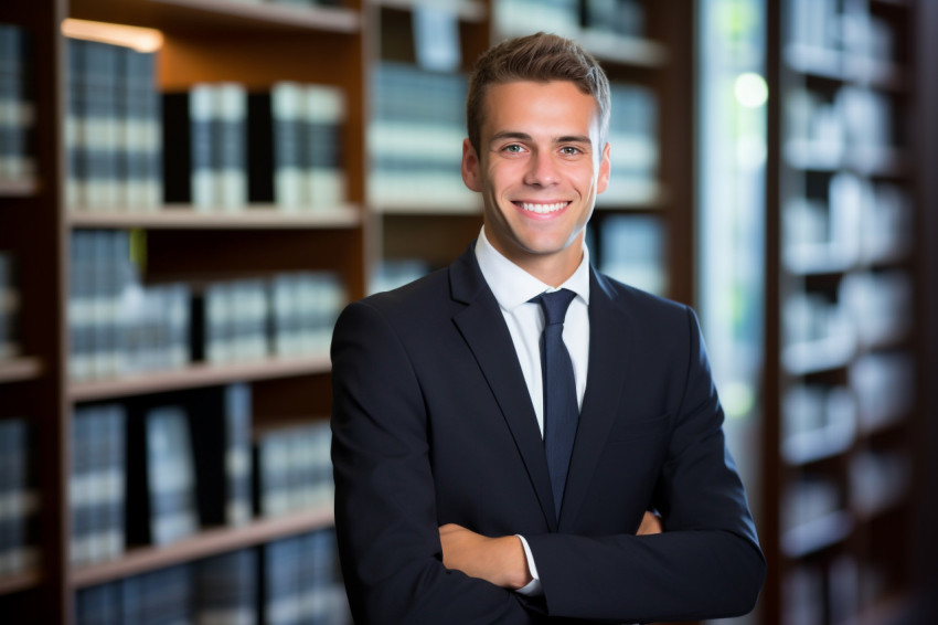 Approachable paralegal works diligently against a blurred background