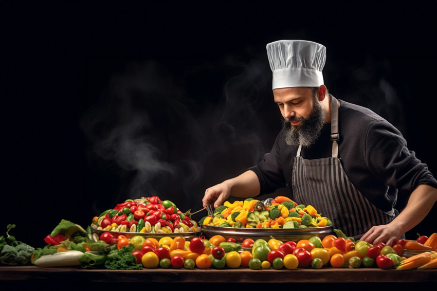 Skilled chef creatively arranges a colorful fruit platter