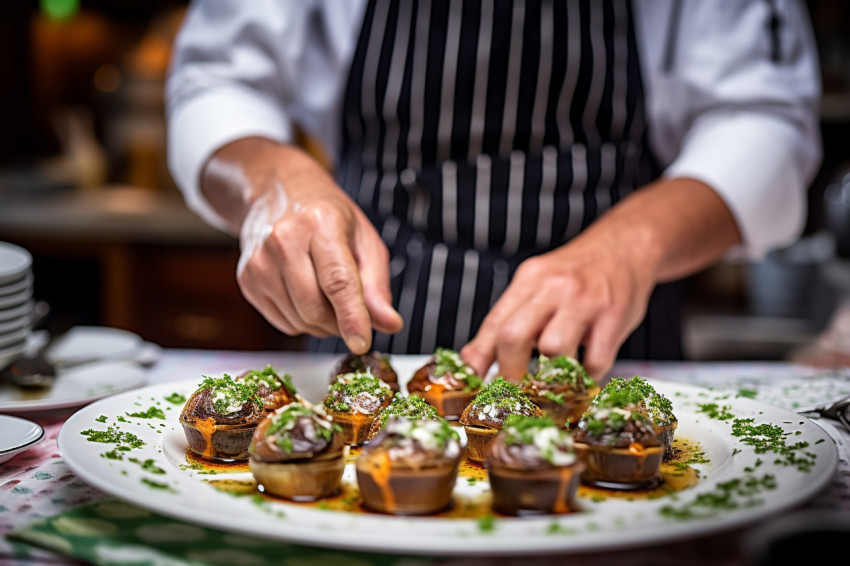 French bistro chef prepares escargot dish