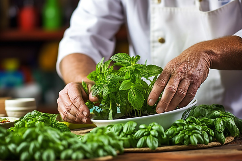 Chef adds a fresh mint leaf for a final touch