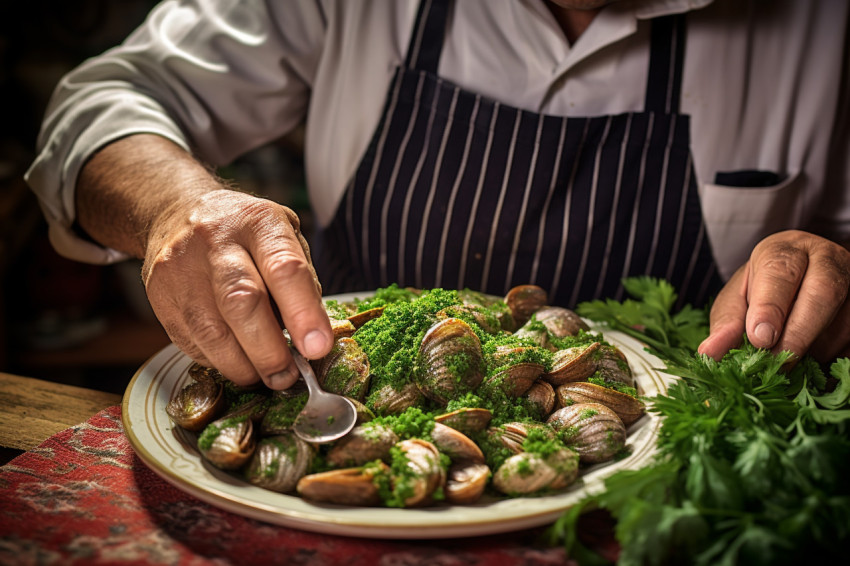 French bistro chef prepares escargot dish