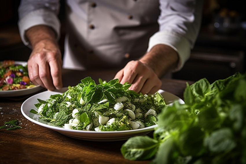 Chef adds a fresh mint leaf for a final touch