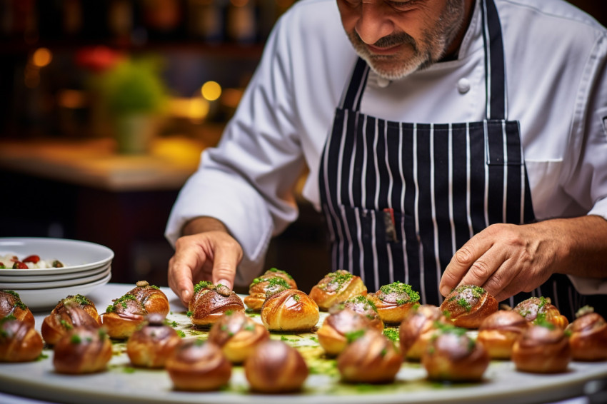 French bistro chef prepares escargot dish