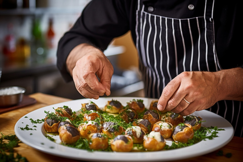 French bistro chef prepares escargot dish