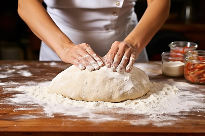 Skilled chef prepares bread dough with a smile