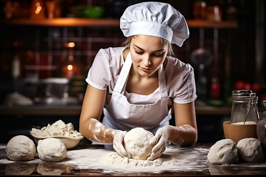 Skilled chef prepares bread dough with a smile