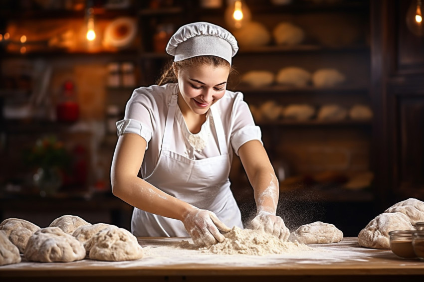 Skilled chef prepares bread dough with a smile