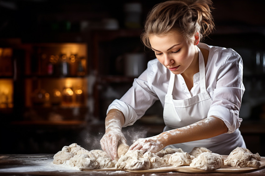 Skilled chef prepares bread dough with a smile