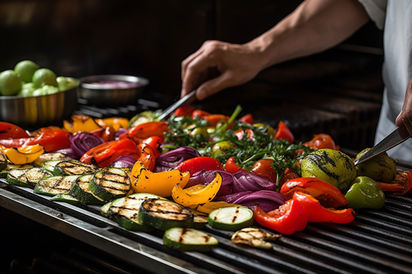 Experienced cook grills veggies for a healthy salad