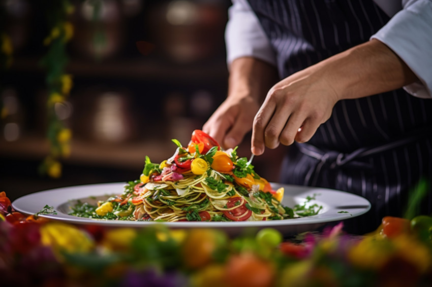 Skilled chef artfully arranges a delicious pasta meal