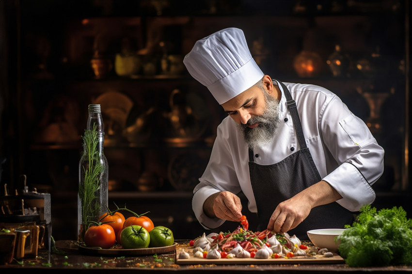 Skilled chef artfully arranges a delicious pasta meal