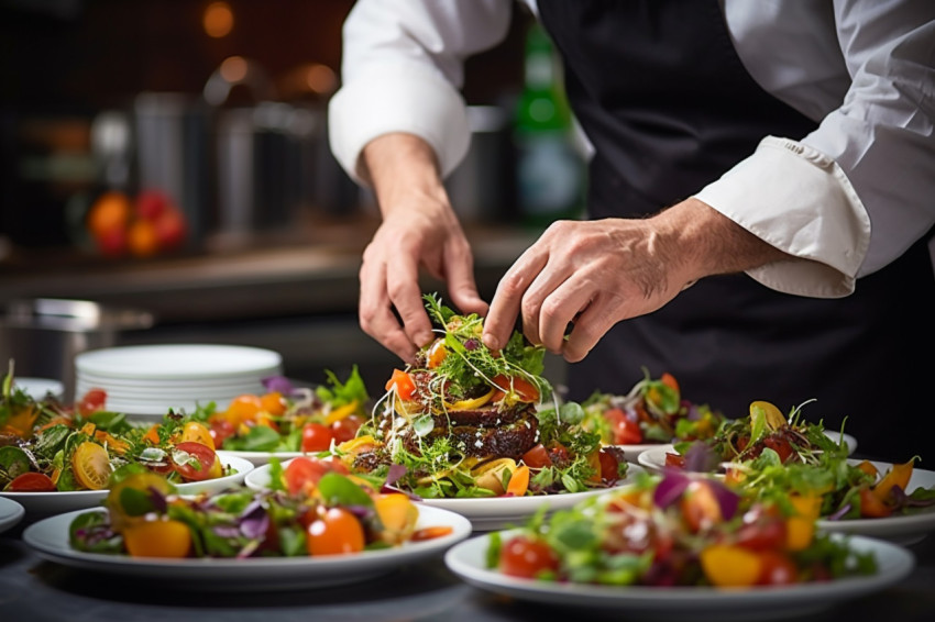 Experienced chef artfully arranges gourmet meal