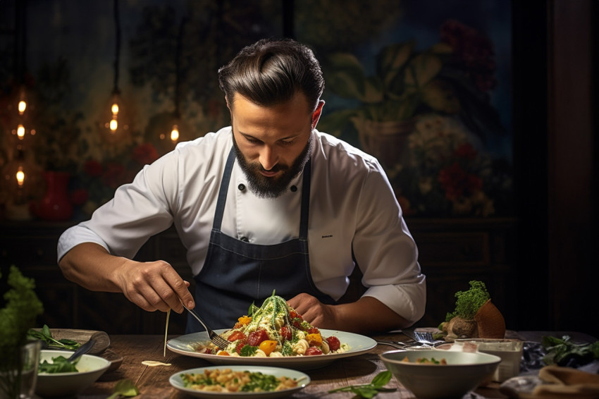 Skilled chef artfully arranges a delicious pasta meal