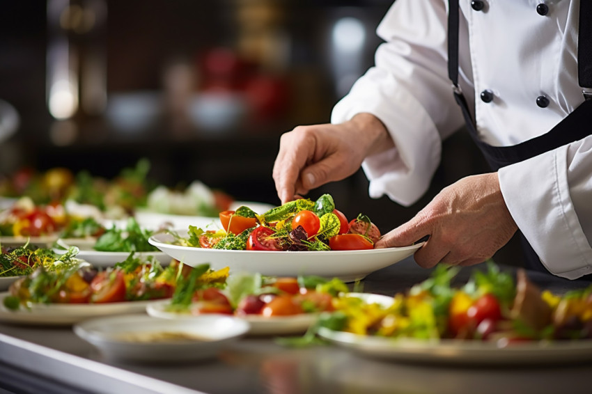 Experienced chef artfully arranges gourmet meal