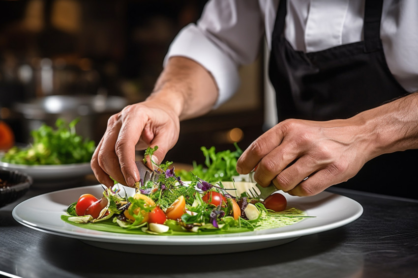 Experienced chef artfully arranges gourmet meal