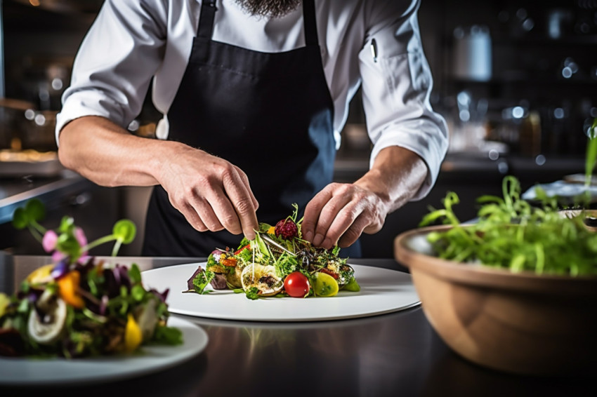 Experienced chef artfully arranges gourmet meal