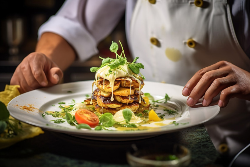 Skilled chef artfully arranges a delicious pasta meal