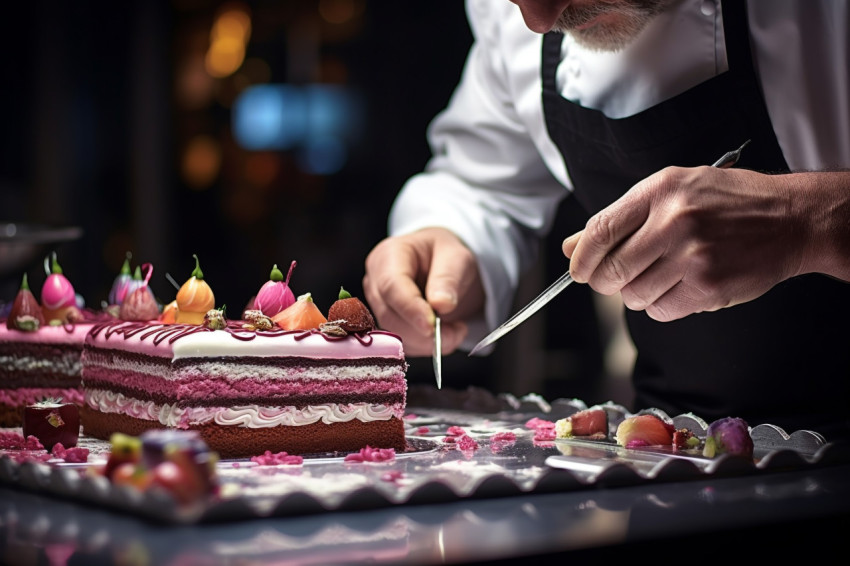 Skilled baker meticulously embellishes a cake