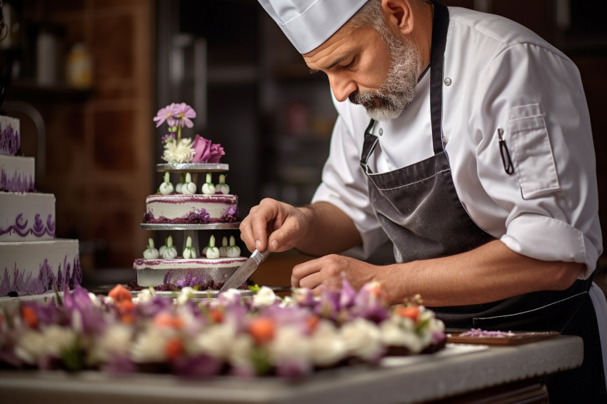 Skilled baker meticulously embellishes a cake