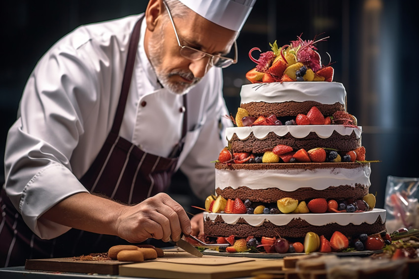 Skilled baker meticulously embellishes a cake