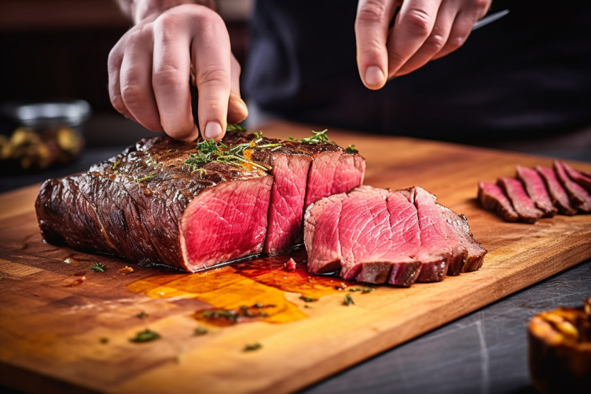 Skilled chef flawlessly cuts beef wellington