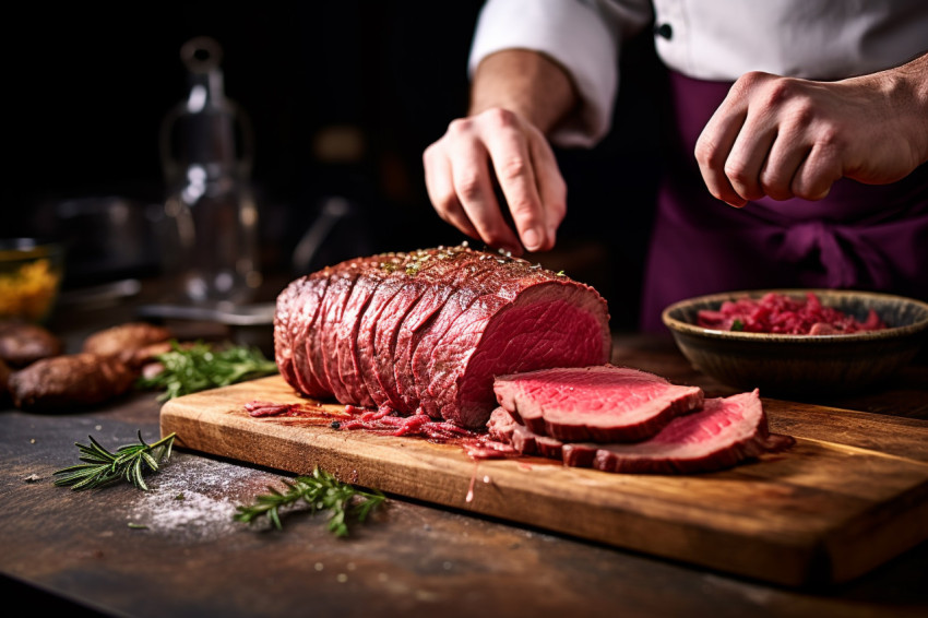 Skilled chef flawlessly cuts beef wellington