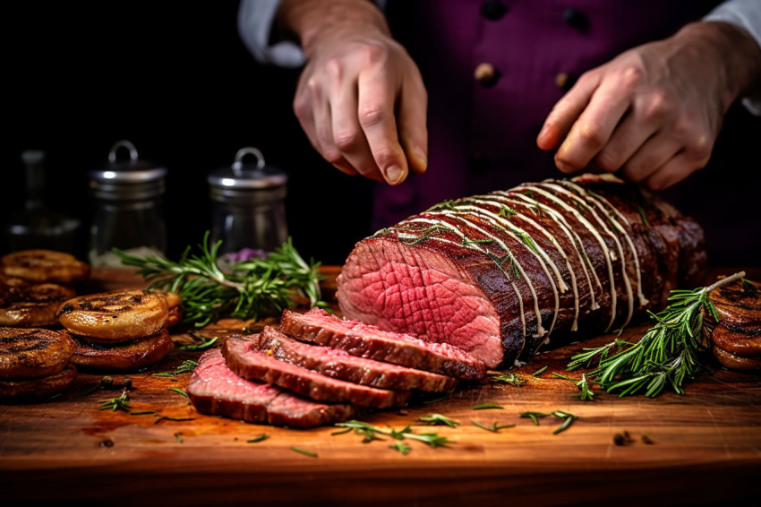 Skilled chef flawlessly cuts beef wellington