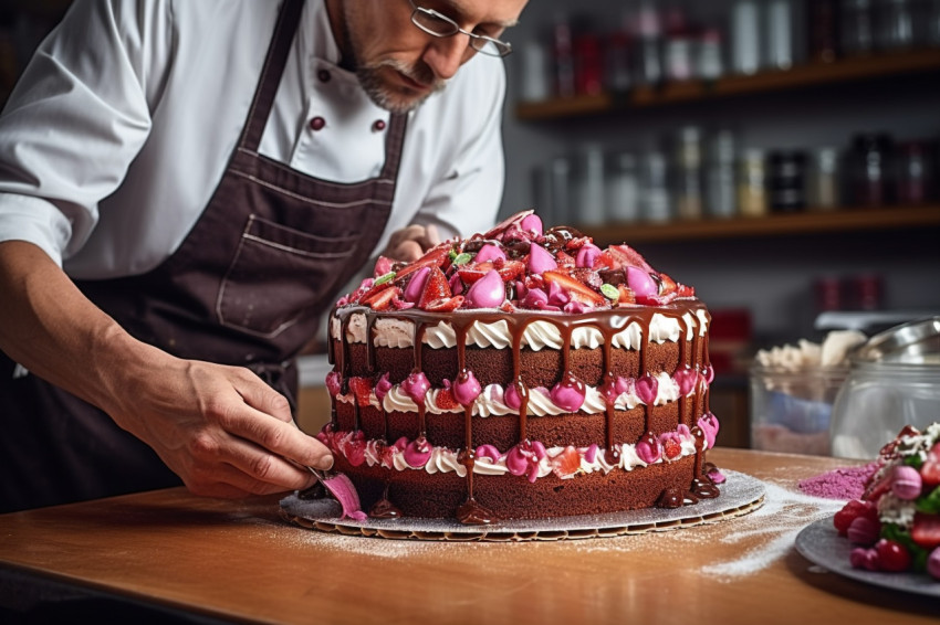 Skilled baker meticulously embellishes a cake