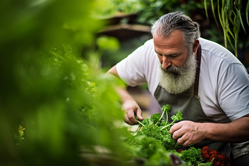 Cook gathers fresh homegrown herbs