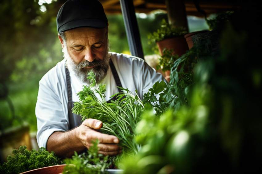 Cook gathers fresh homegrown herbs