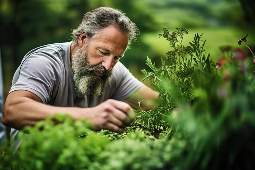 Cook gathers fresh homegrown herbs