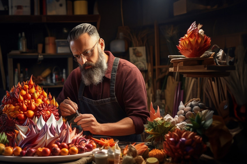 Talented artist skillfully crafts an exquisite fruit carving