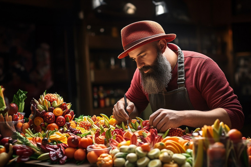 Talented artist skillfully crafts an exquisite fruit carving