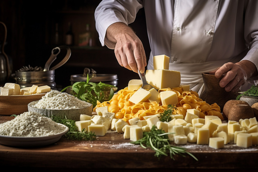 Chef adds grated cheese to tasty pasta