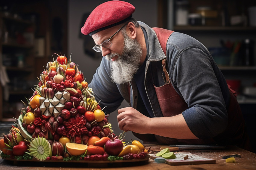 Talented artist skillfully crafts an exquisite fruit carving