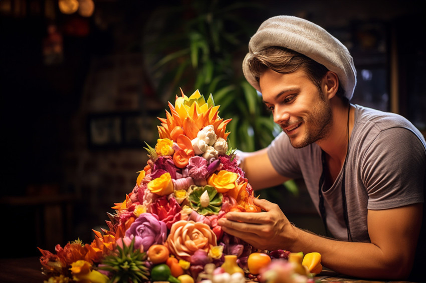 Talented artist skillfully crafts an exquisite fruit carving