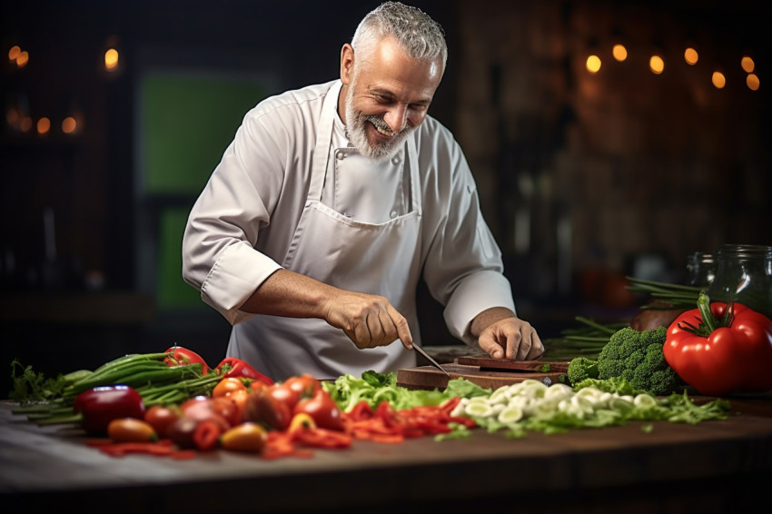 Happy cook preparing vibrant veggies