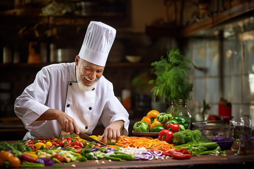 Happy cook preparing vibrant veggies