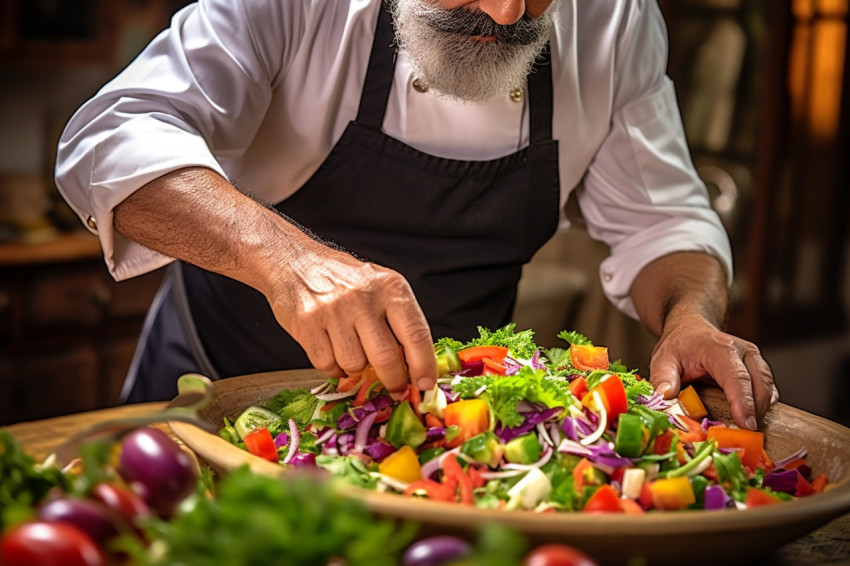 Experienced chef artfully arranges a vibrant salad