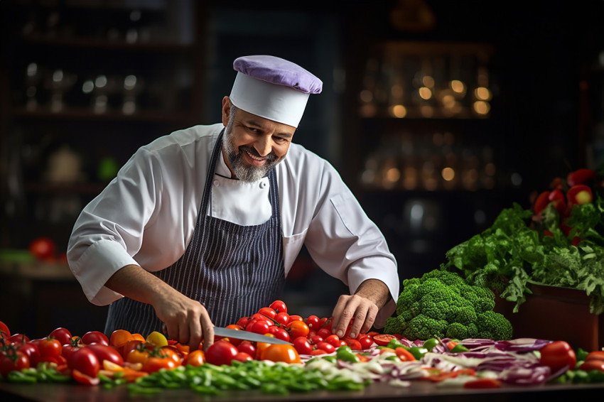 Happy cook preparing vibrant veggies