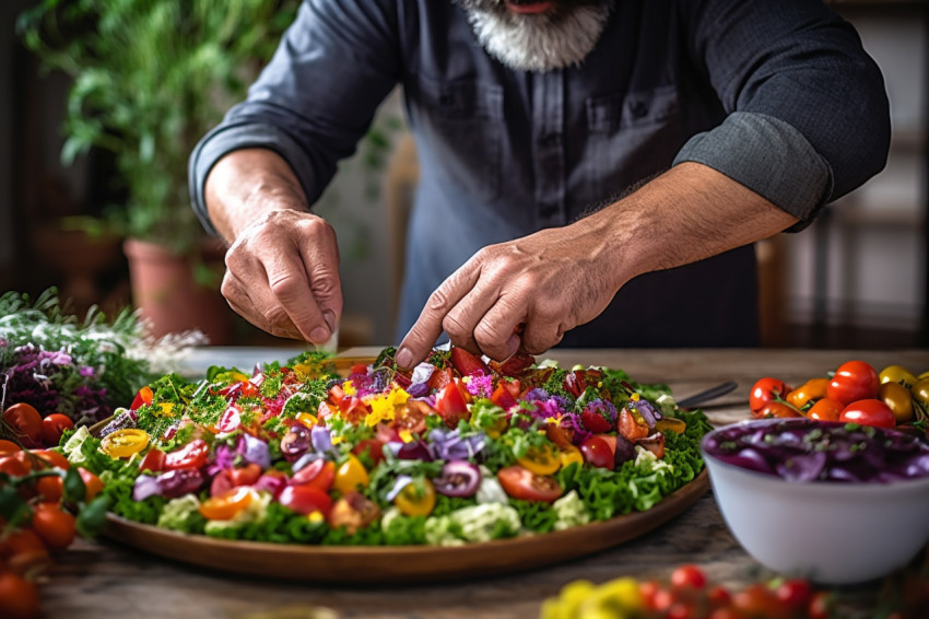 Experienced chef artfully arranges a vibrant salad