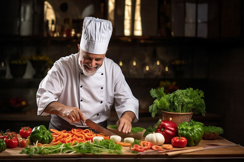 Happy cook preparing vibrant veggies