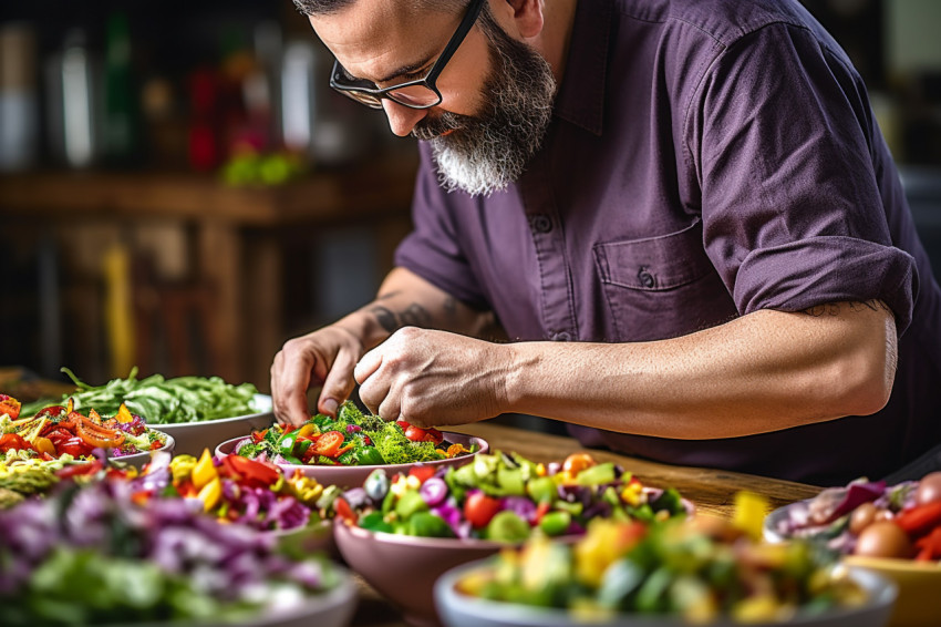 Experienced chef artfully arranges a vibrant salad