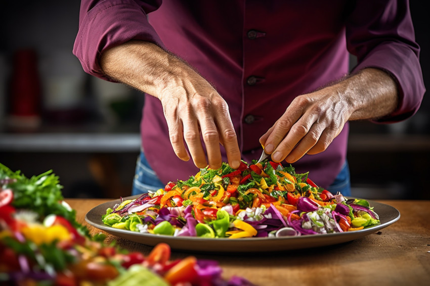 Experienced chef artfully arranges a vibrant salad