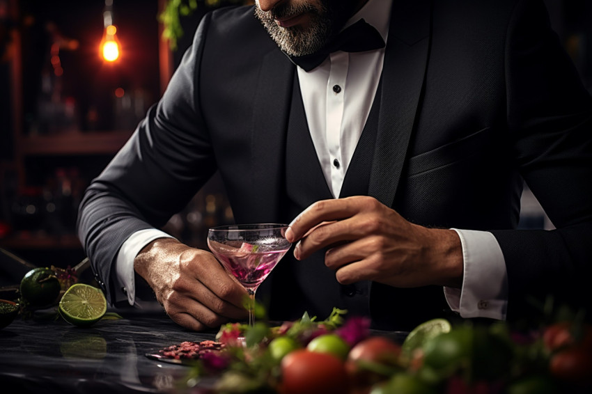 Stylish bartender expertly decorates a mixed drink