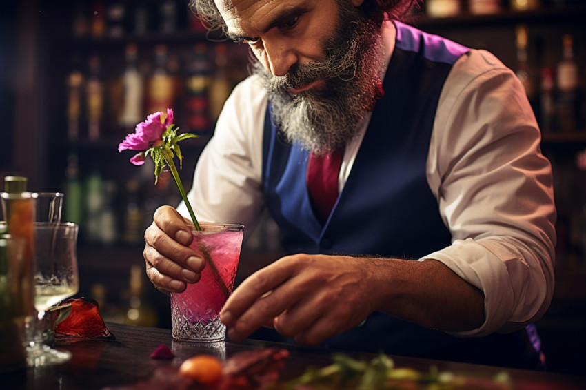 Stylish bartender expertly decorates a mixed drink