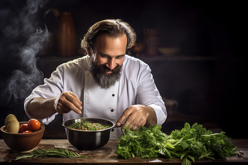 Skilled chef adding fresh basil to enhance soup flavor