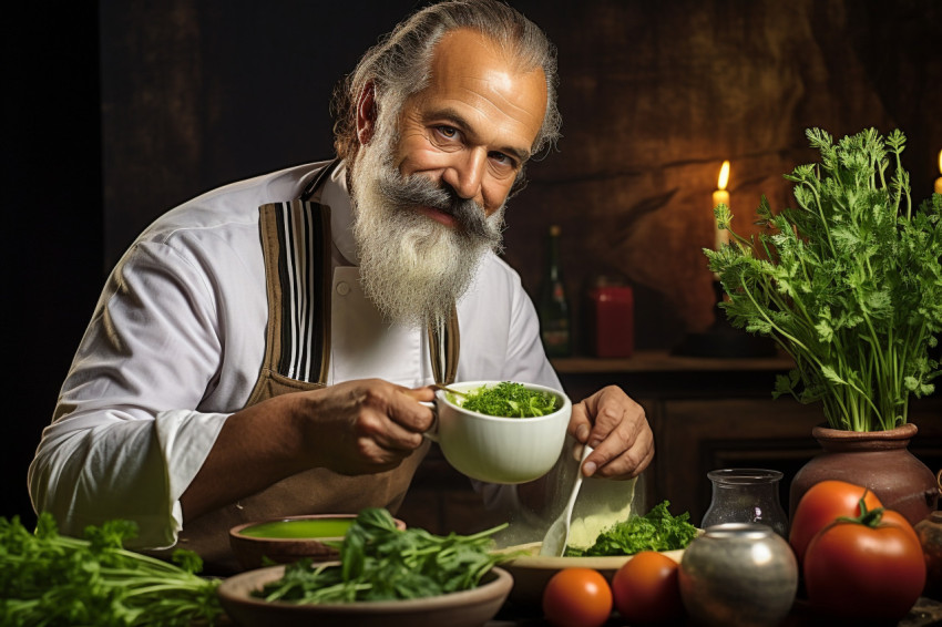 Skilled chef adding fresh basil to enhance soup flavor