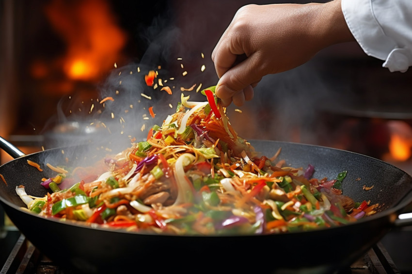 Skilled chef expertly stir fries vegetables in a wok