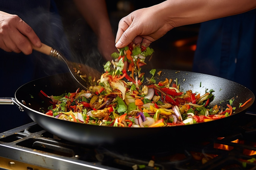 Skilled chef expertly stir fries vegetables in a wok